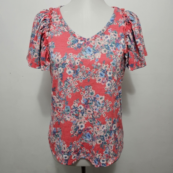 LC Lauren Conrad Pink Floral Flutter Sleeve Tee Size Small - Picture 2 of 9